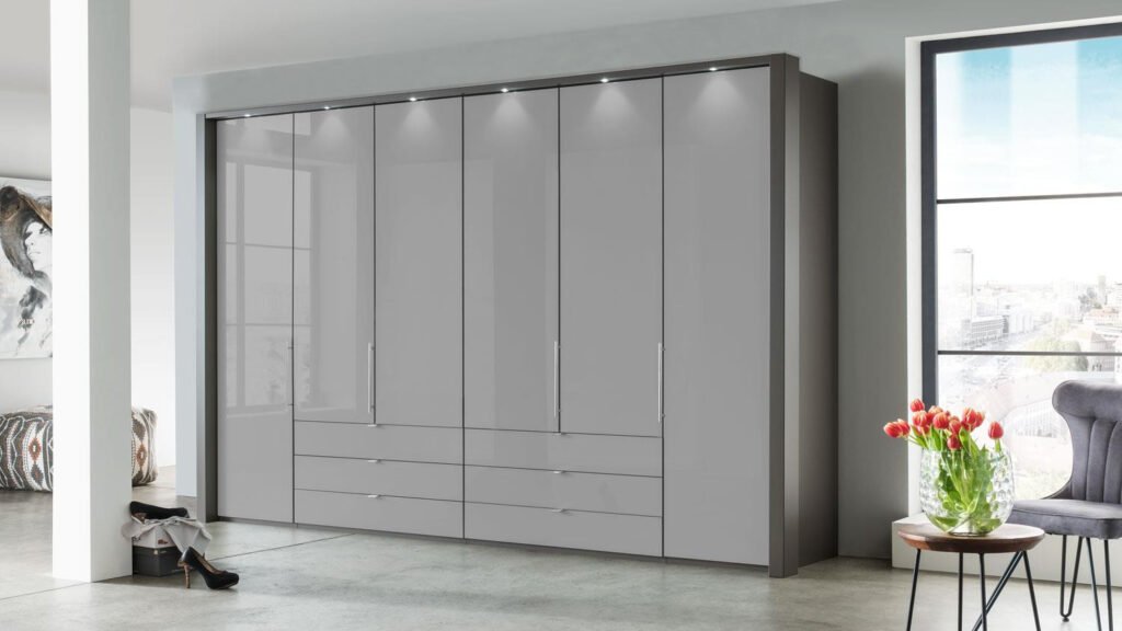 Kleiderschrank Loft Schrank Grau Glas Gleittür 300 Cm in Grauer Kleiderschrank